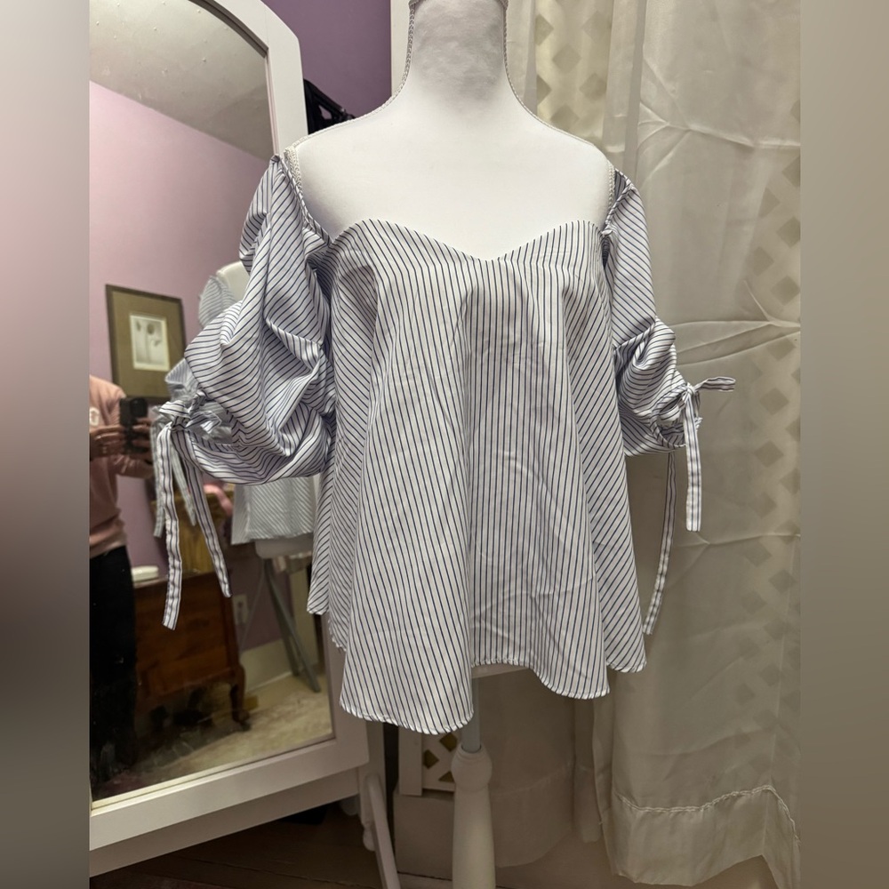 Striped Off-Shoulder Puff Sleeve Blouse - Blue/White